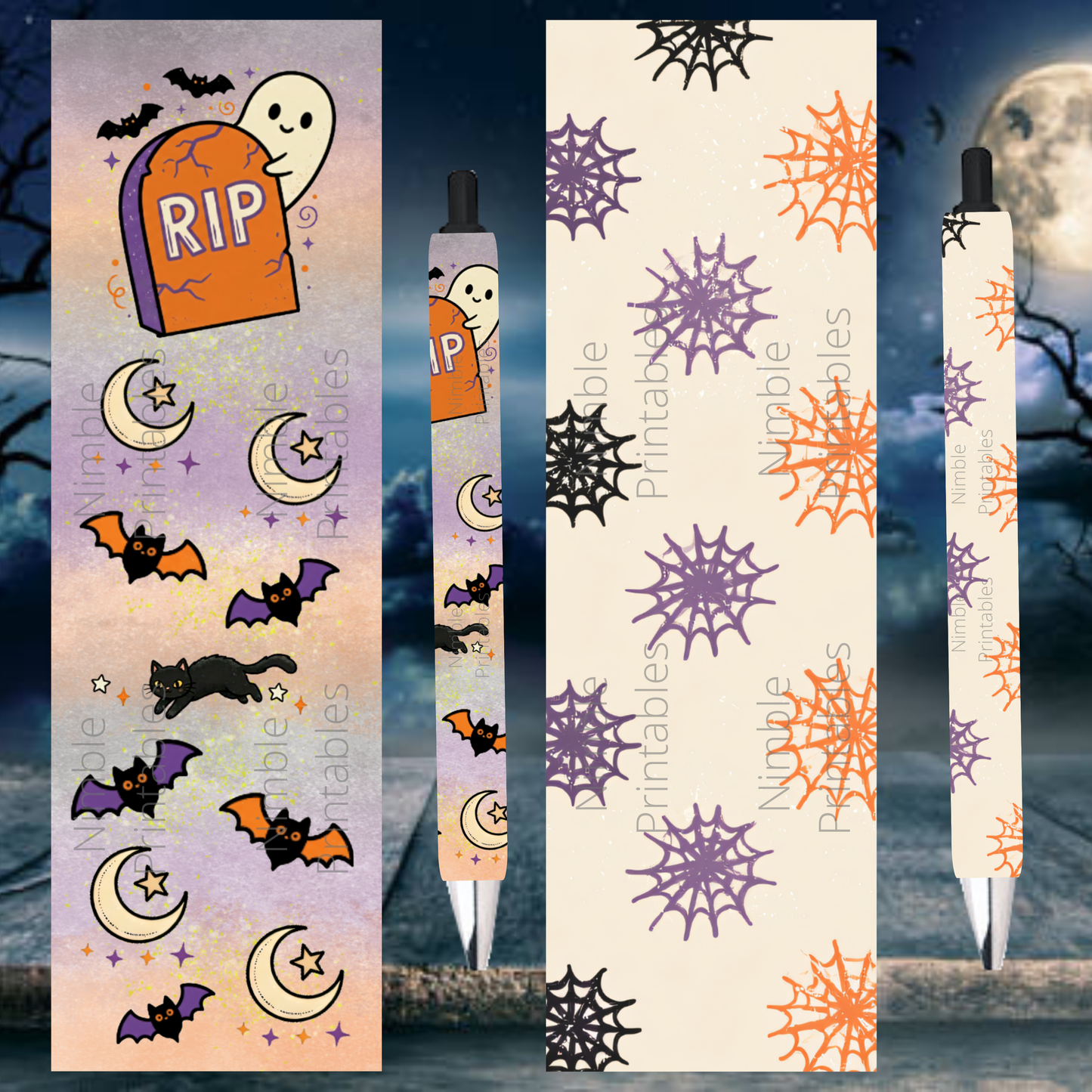 Halloween themed pen with ghost, RIP tombstone, bats, moons, and spiderwebs.