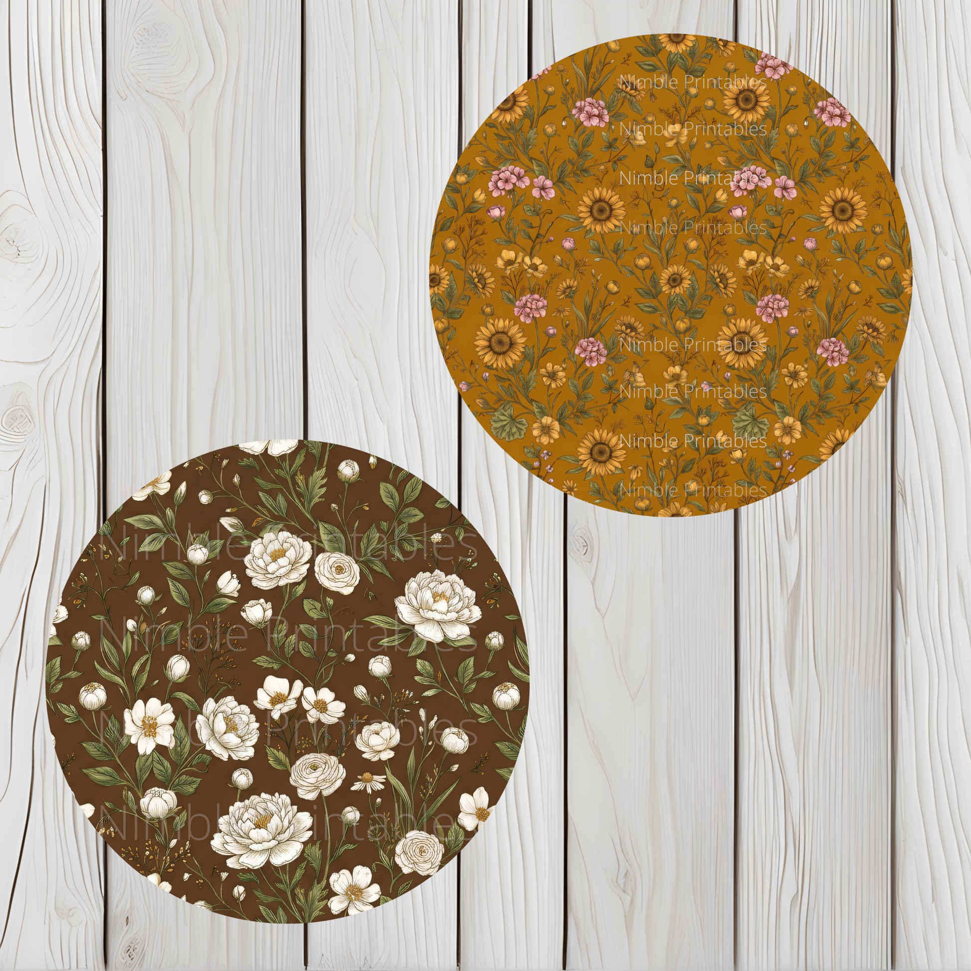 Two round floral patterns, one with sunflowers on mustard, the other with white flowers on brown.