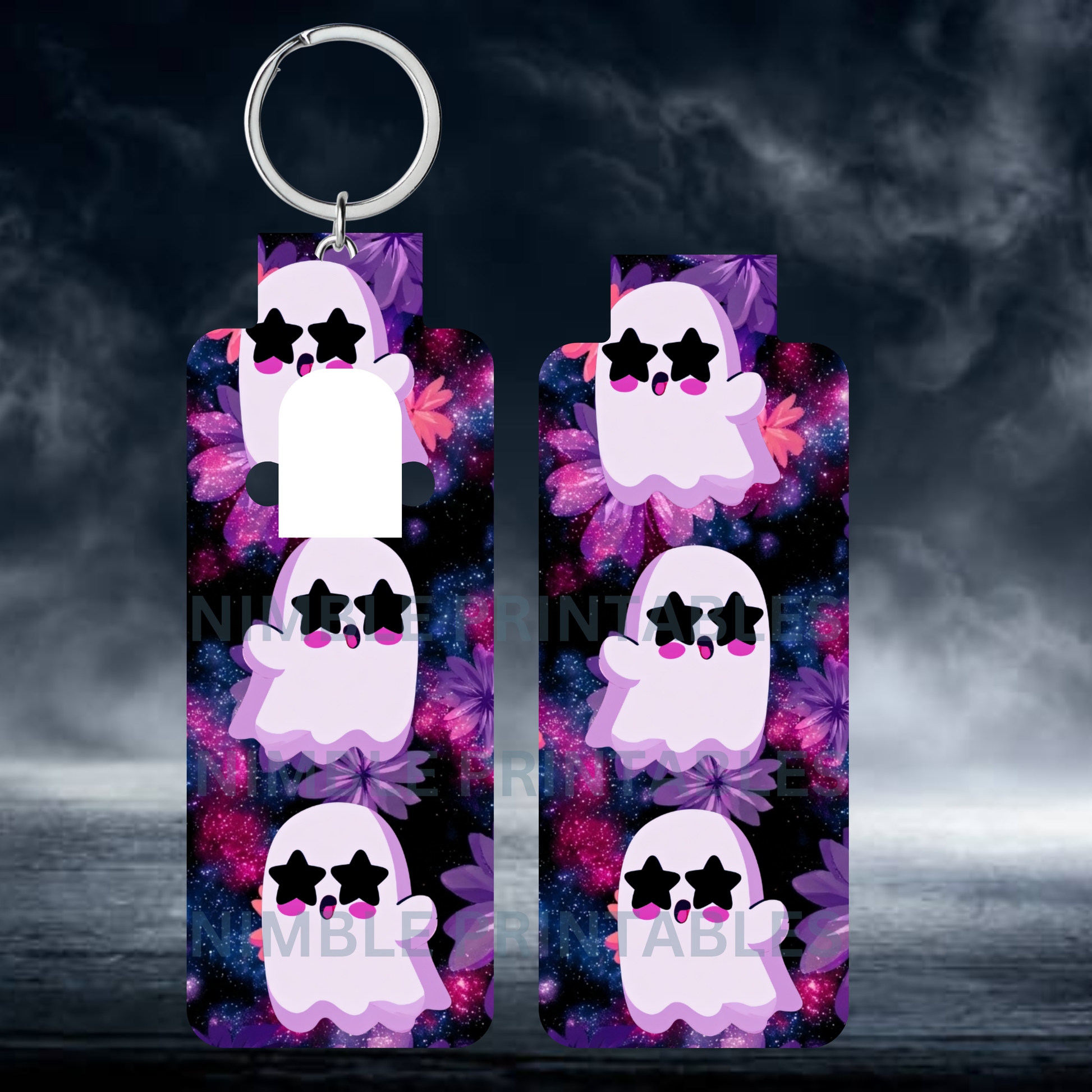 Two cartoon ghosts with star eyes on a floral and starry background attached to a keychain.