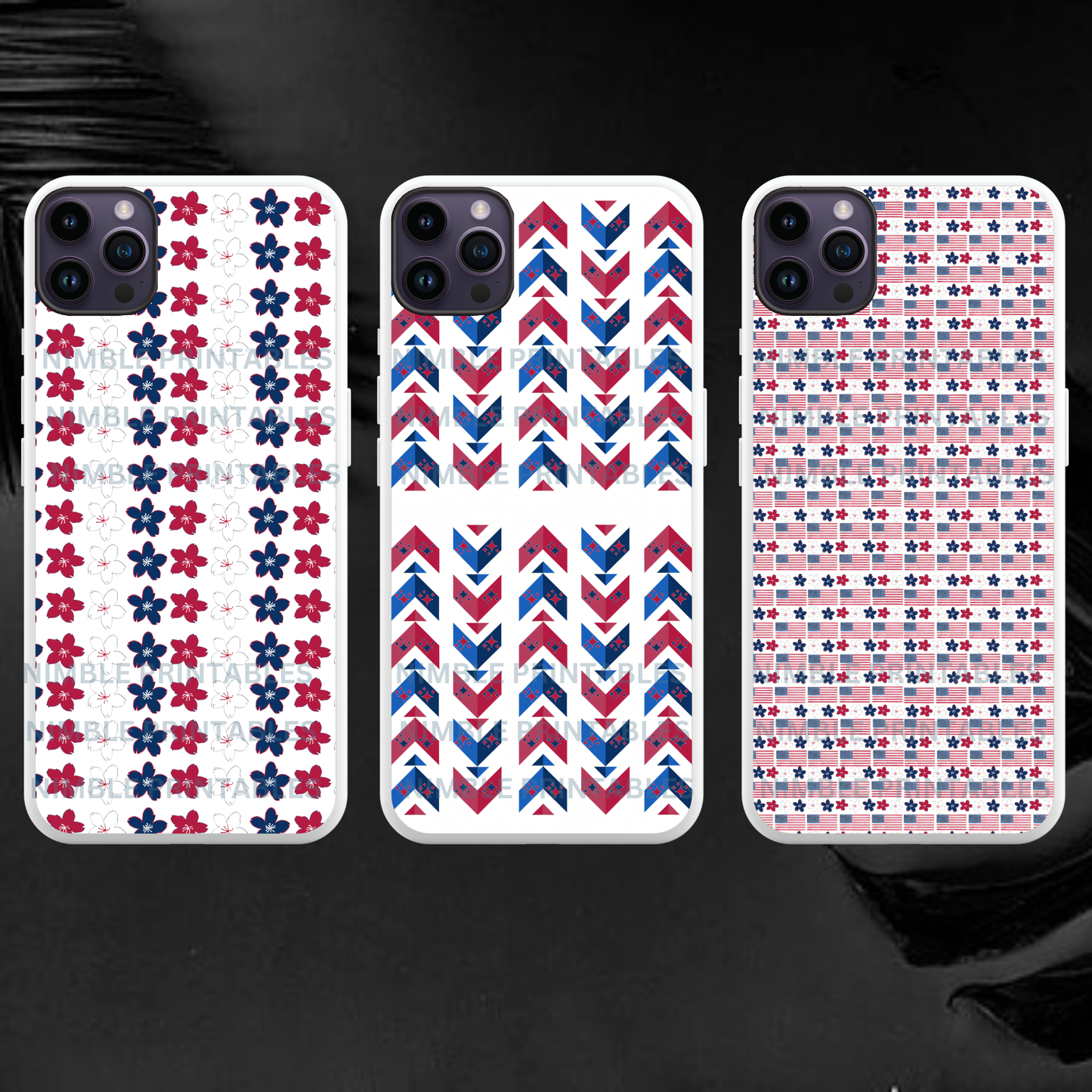 Three phone cases with patriotic floral, chevron, and flag patterns.
