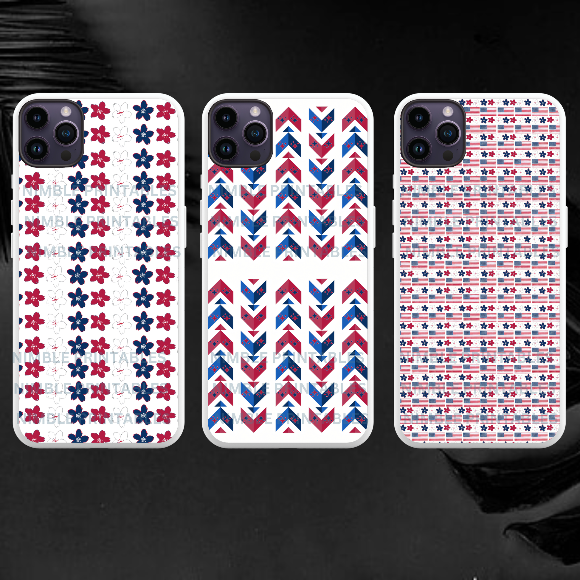 Three phone cases with patriotic floral, chevron, and flag patterns.