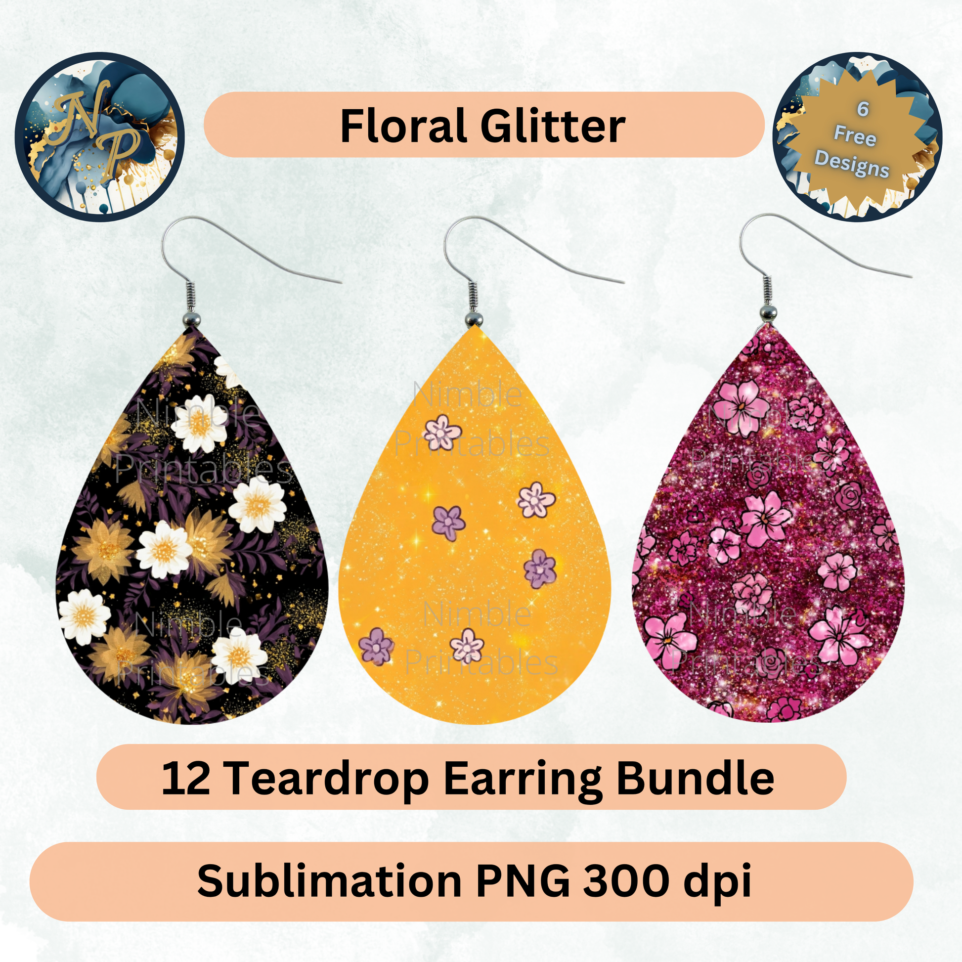 Floral glitter teardrop earrings bundle, sublimation PNG 300 dpi.
