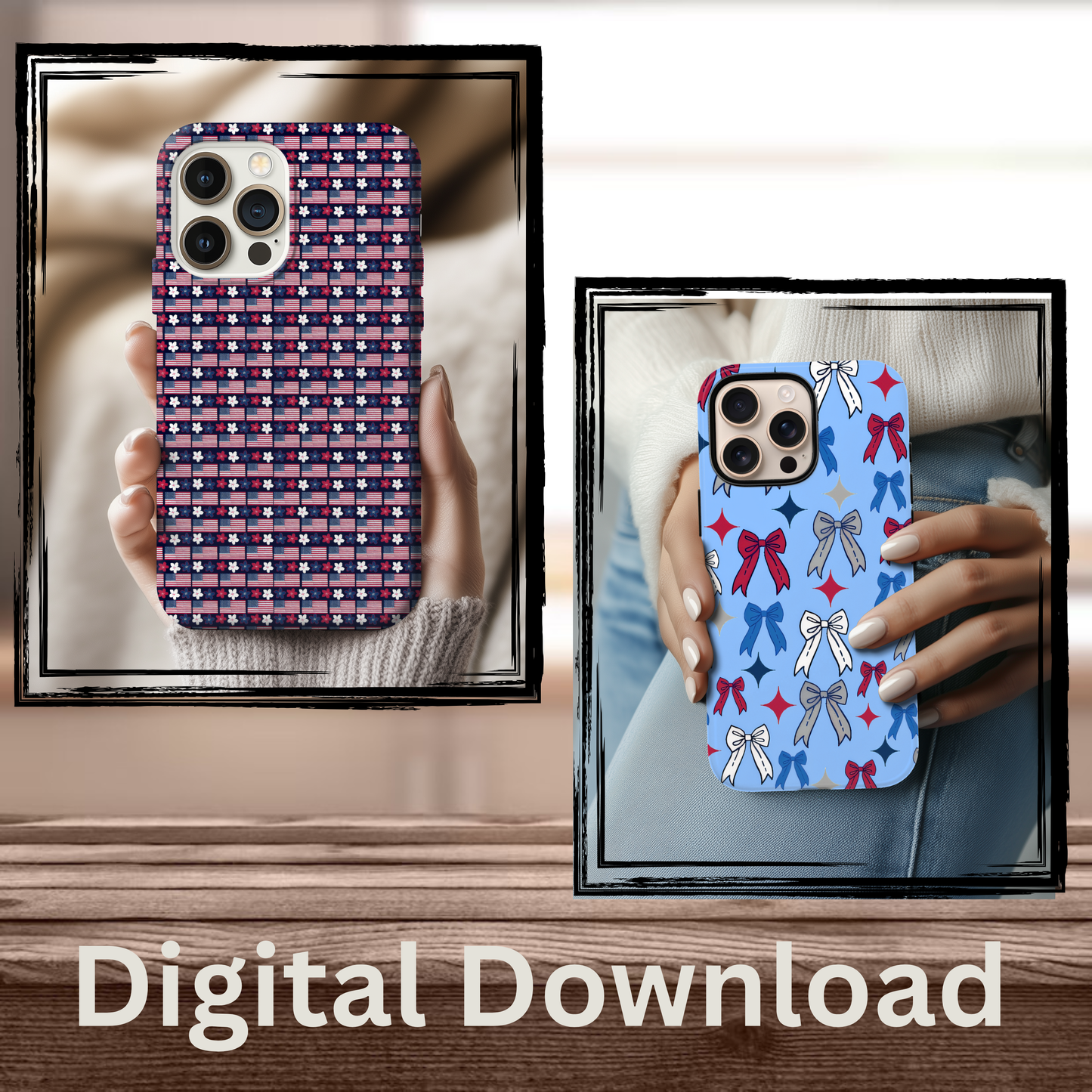 Two phone cases: one with a red, white, and blue star pattern, another with bows.