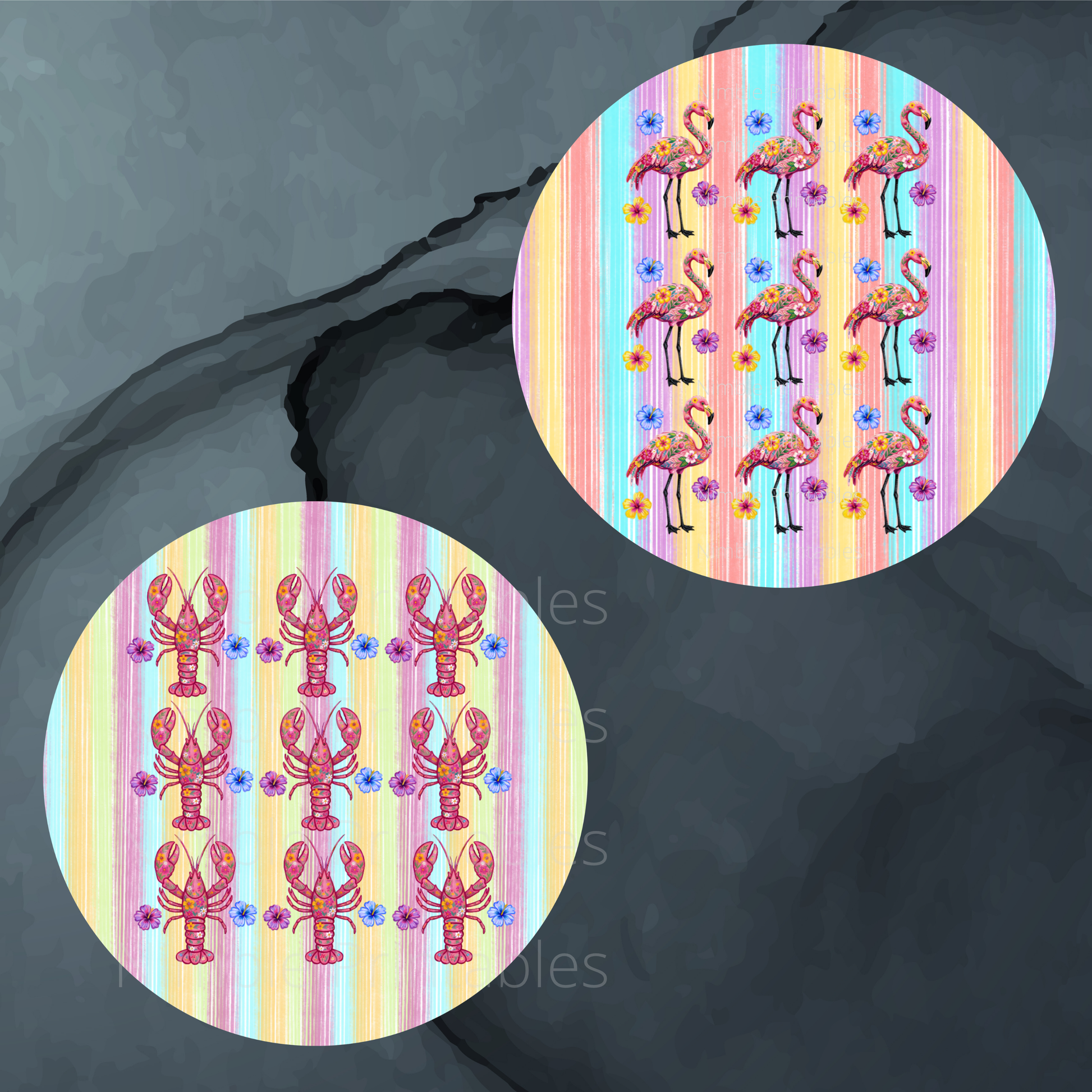 Pink flamingos and lobsters on colorful striped backgrounds.