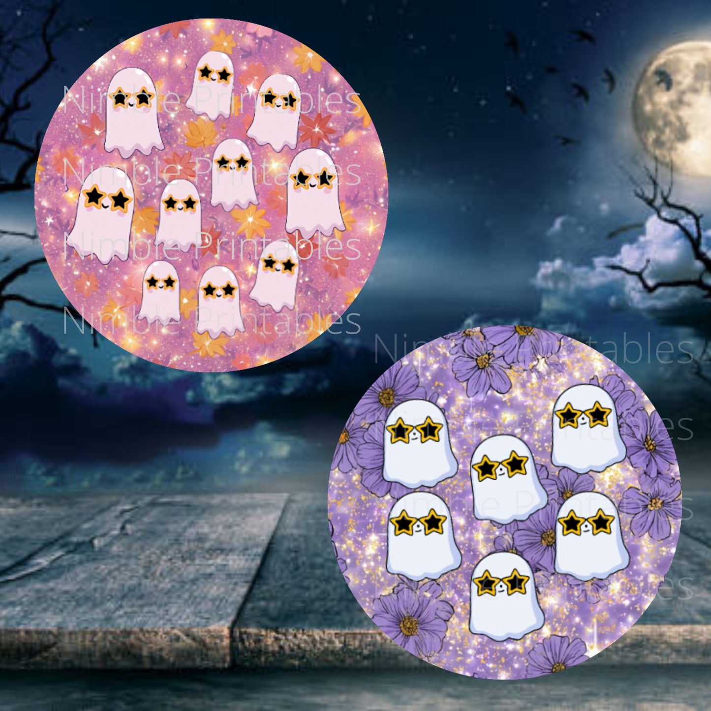 Cartoon ghosts in star sunglasses on purple and pink backgrounds with autumn leaves and flowers.