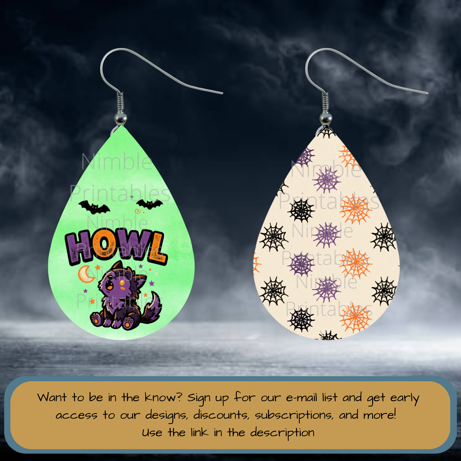 Teardrop earrings featuring a cartoon wolf and "HOWL" text, and spiderwebs pattern.
