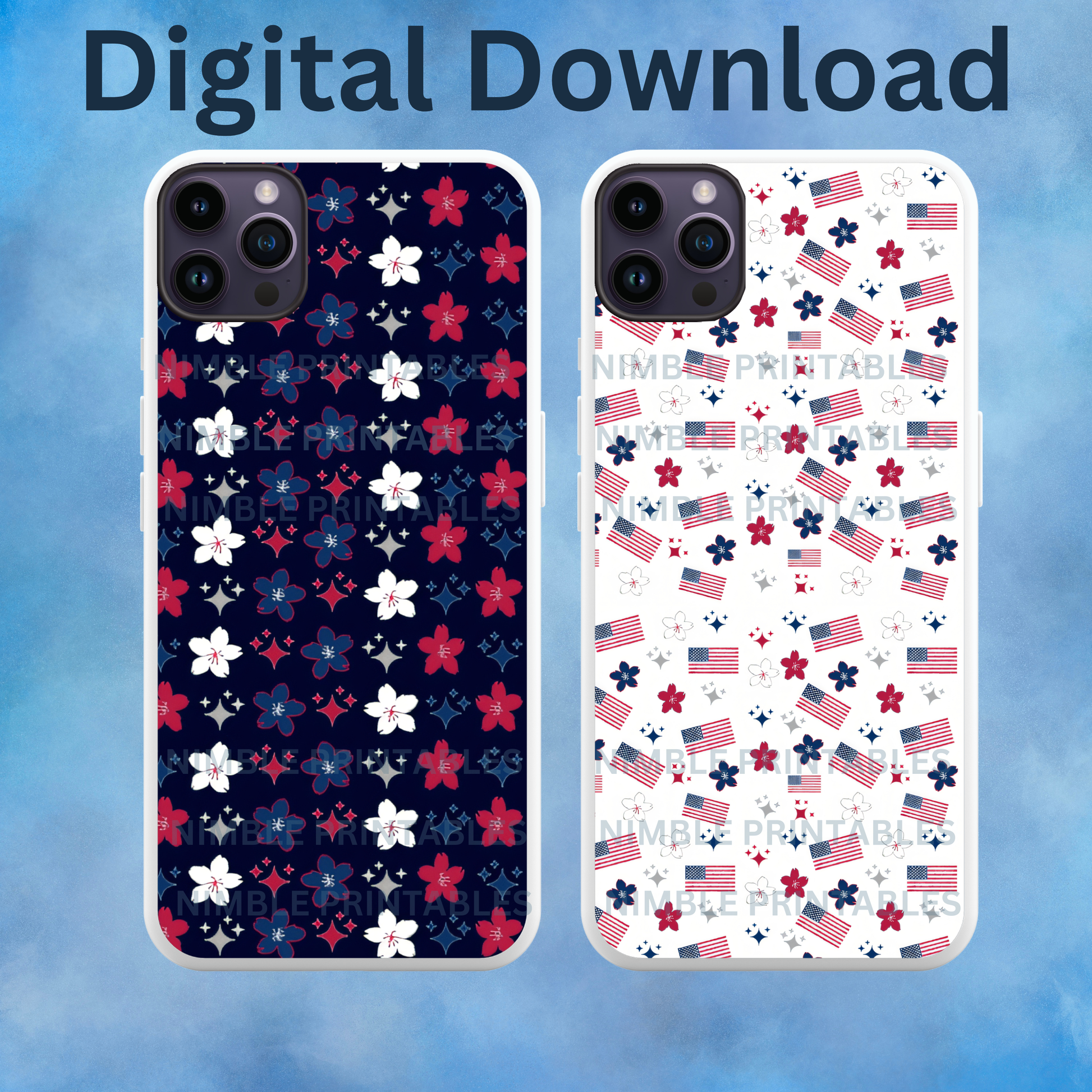 Two phone cases with red, white, and blue floral and flag patterns.