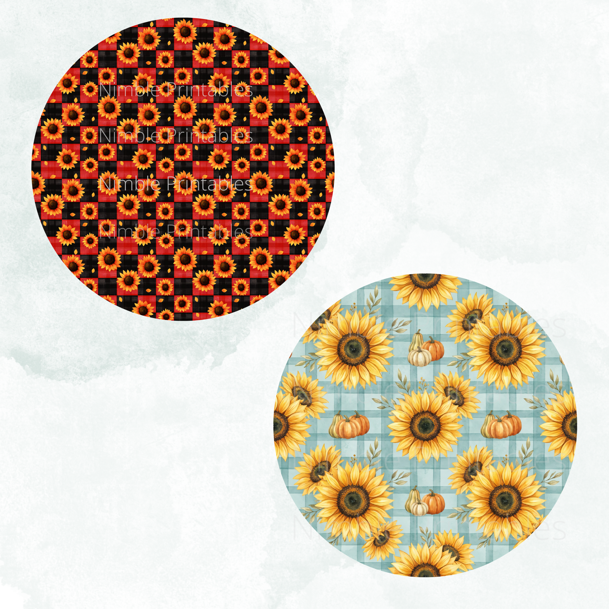 Two circular designs: sunflowers on black and red check, and sunflowers with pumpkins on blue plaid.