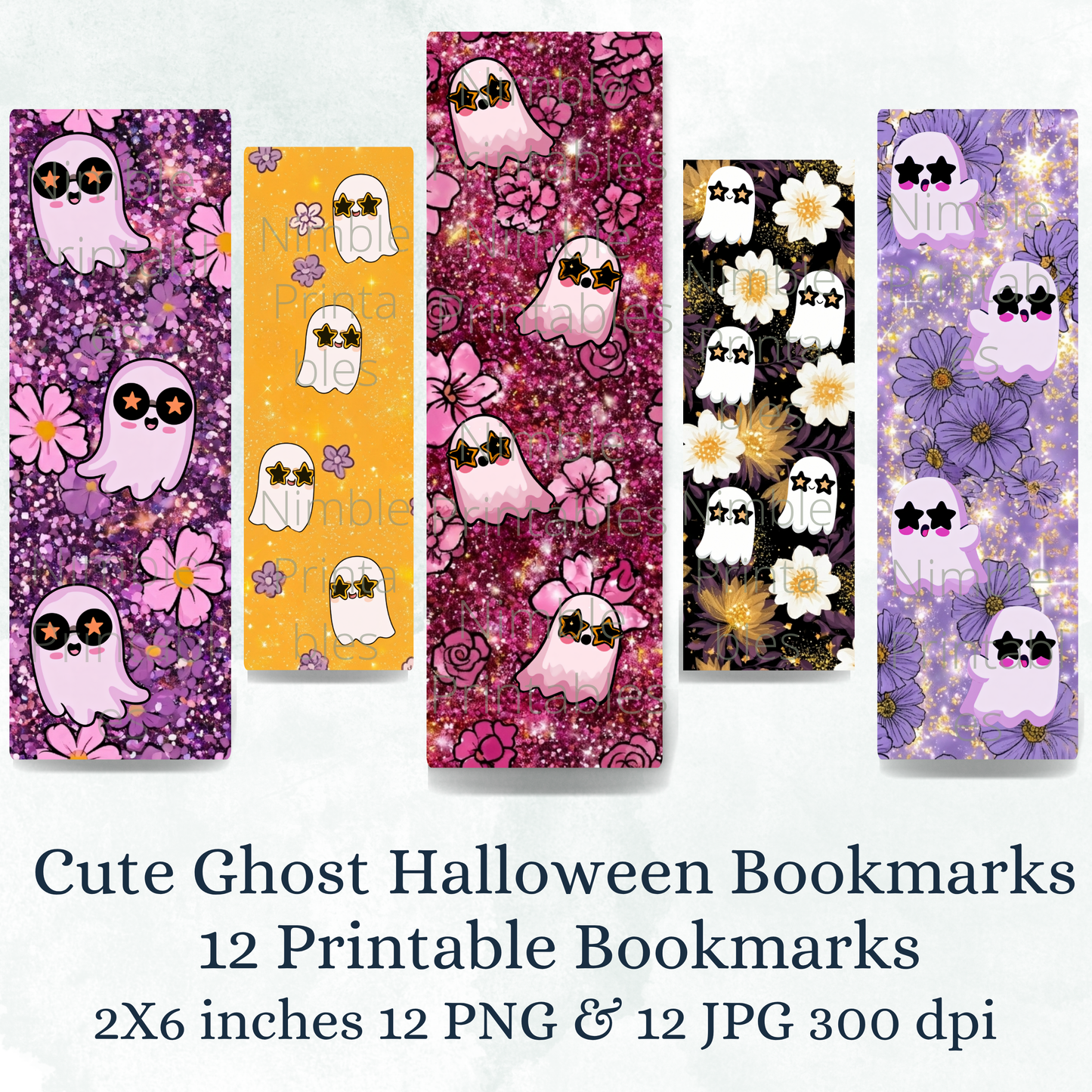 Cute ghost Halloween bookmarks, 12 printable 2x6 inch PNG and JPG files.