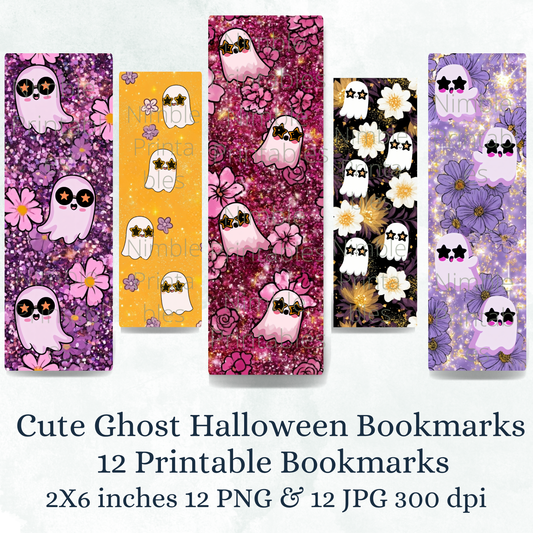 Cute ghost Halloween bookmarks, 12 printable 2x6 inch PNG and JPG files.