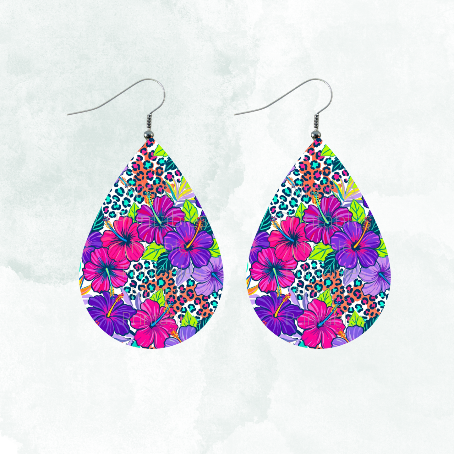 Teardrop earrings with floral and leopard print pattern.