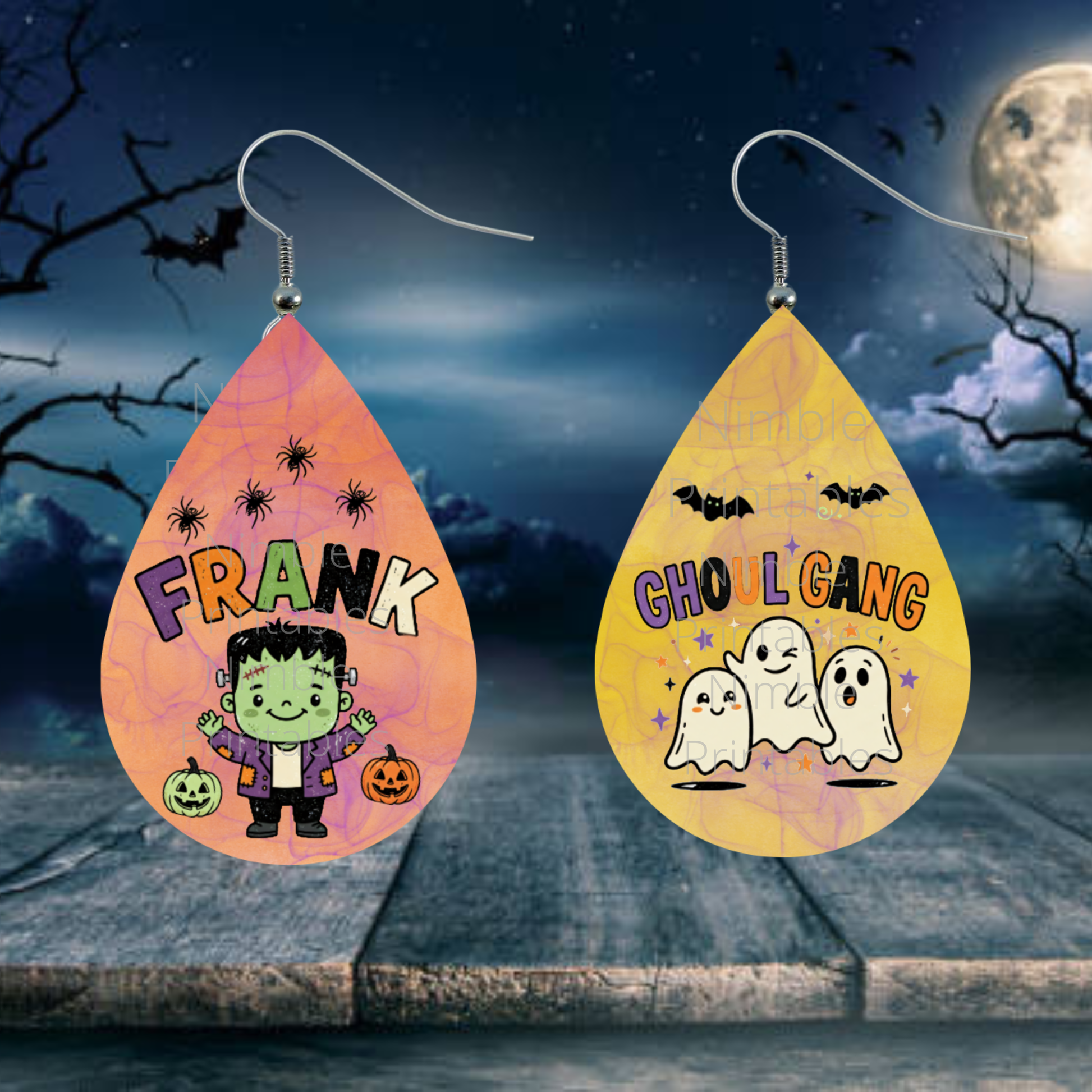 Halloween earrings featuring Frankenstein and "Ghoul Gang" with ghosts.