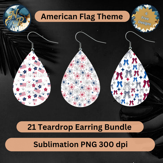 American Flag teardrop earrings bundle, sublimation PNG.