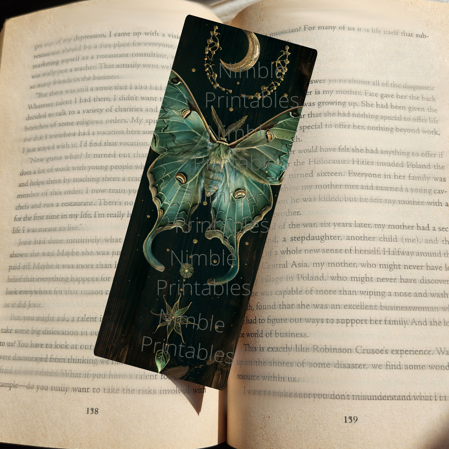 Printable Bookmarks Bundle Celestial Luna Moth, Digital Downloads, Watercolor Bookmark, 52 PNG and 52 JPG Bookmark Sublimation