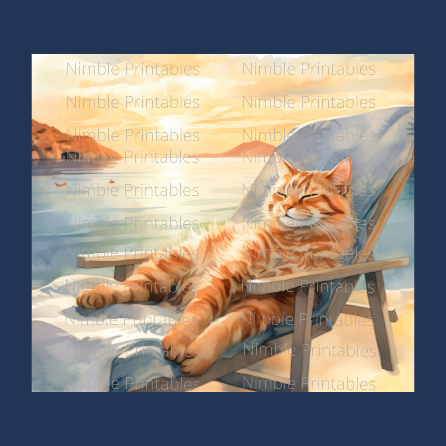 Cat Tumbler Wrap, Beach Tumbler Wrap Sublimation Design 20 oz Skinny Tumbler Digital Download PNG Cute Cat PNG Beach PNG Orange Cat