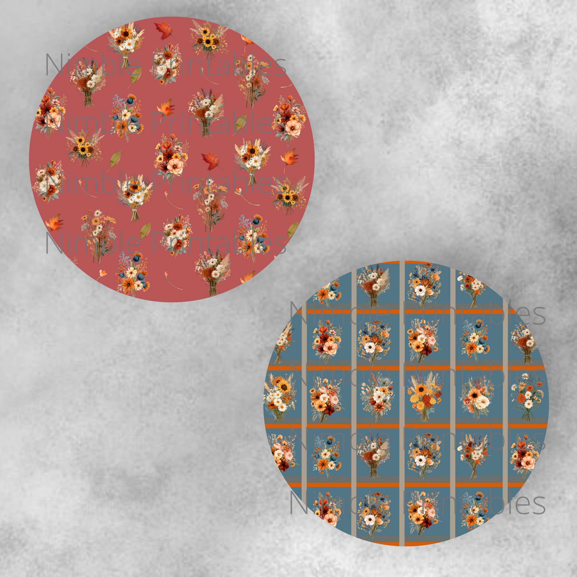 Two circular patterns featuring watercolor autumn floral bouquets on textured backgrounds.