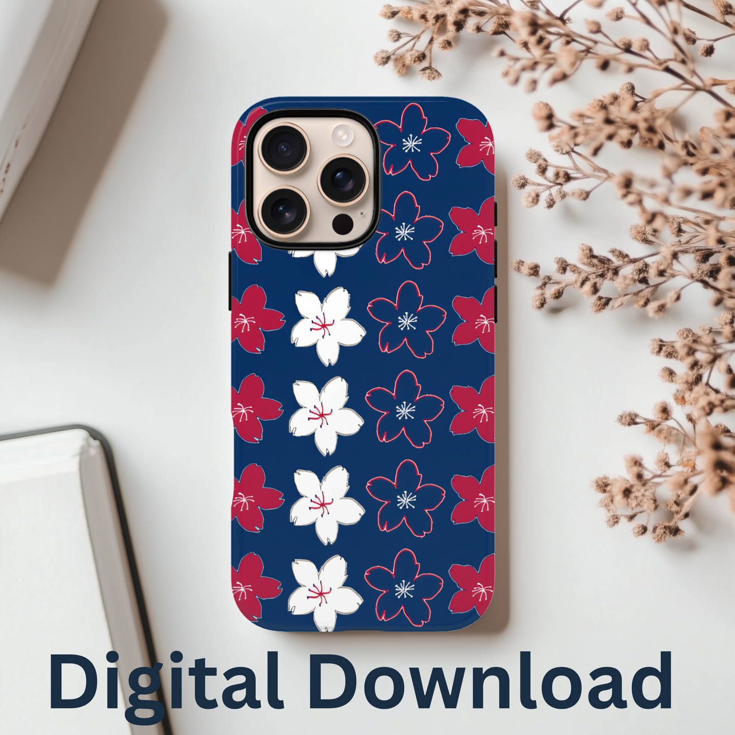 Phone case with red and white floral pattern on dark blue background.