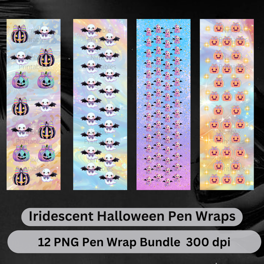 Cute iridescent Halloween pen wraps featuring ghosts and pumpkins.