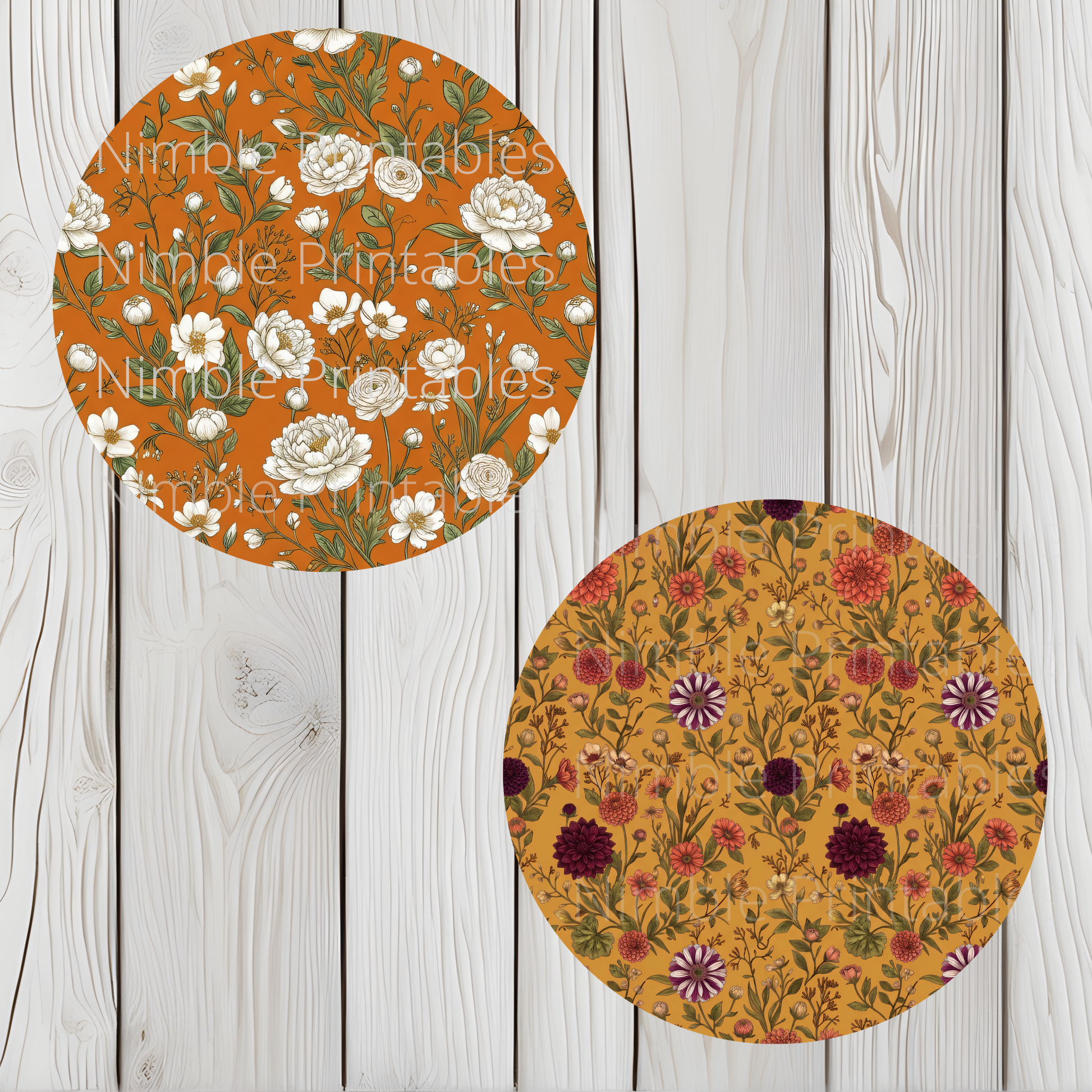 Two circular patterns of autumn flowers on an orange background.