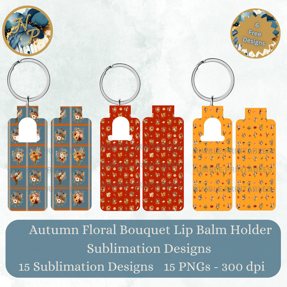 Autumn floral bouquet lip balm holder sublimation designs, 15 PNGs, 300 dpi.