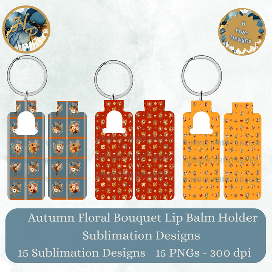 Autumn floral bouquet lip balm holder sublimation designs, 15 PNGs, 300 dpi.