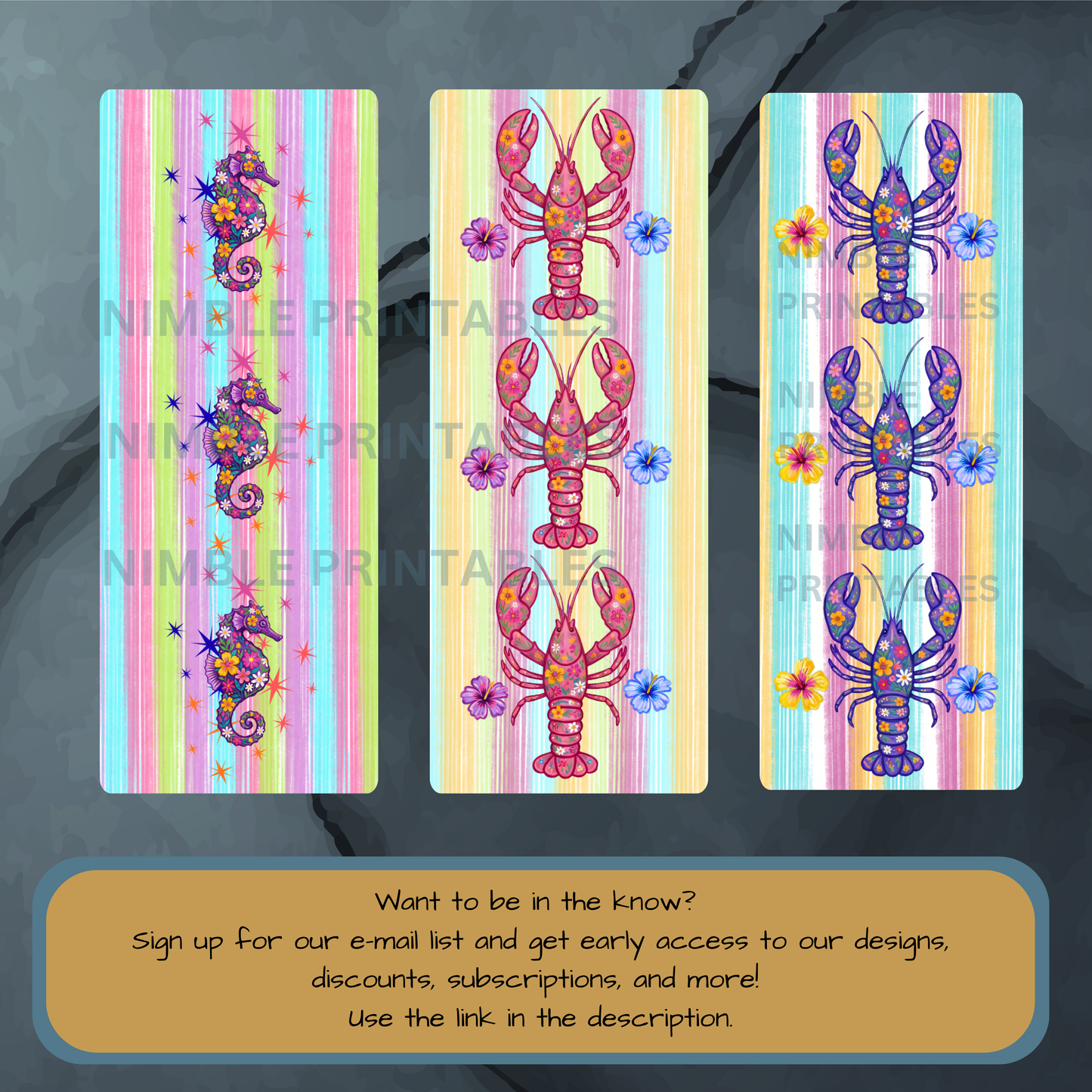Seahorse and lobster designs with colorful striped backgrounds.