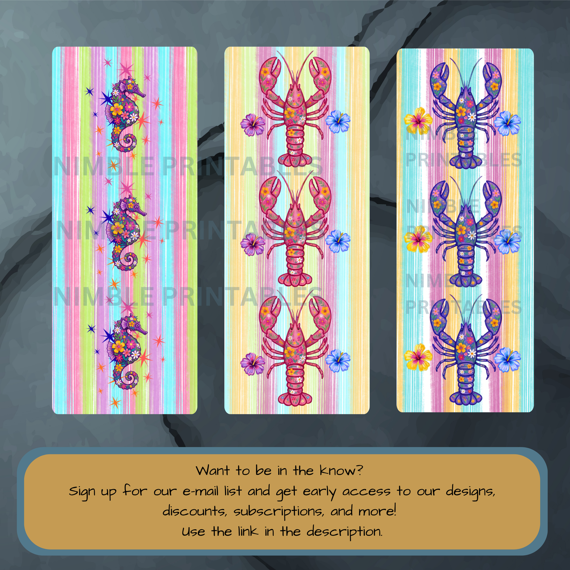 Seahorse and lobster designs with colorful striped backgrounds.
