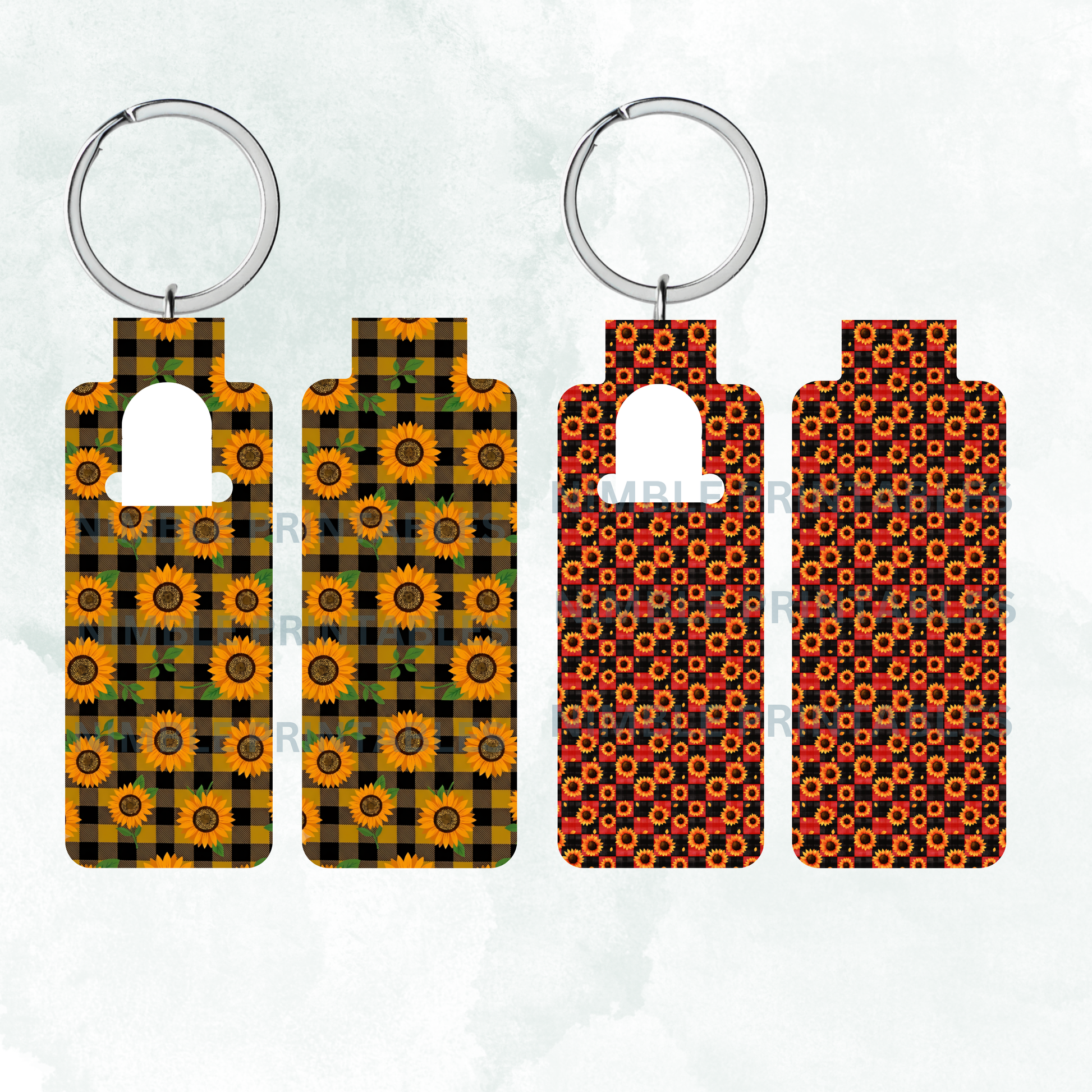 Two keychains with sunflower patterns on buffalo check and checkered backgrounds.