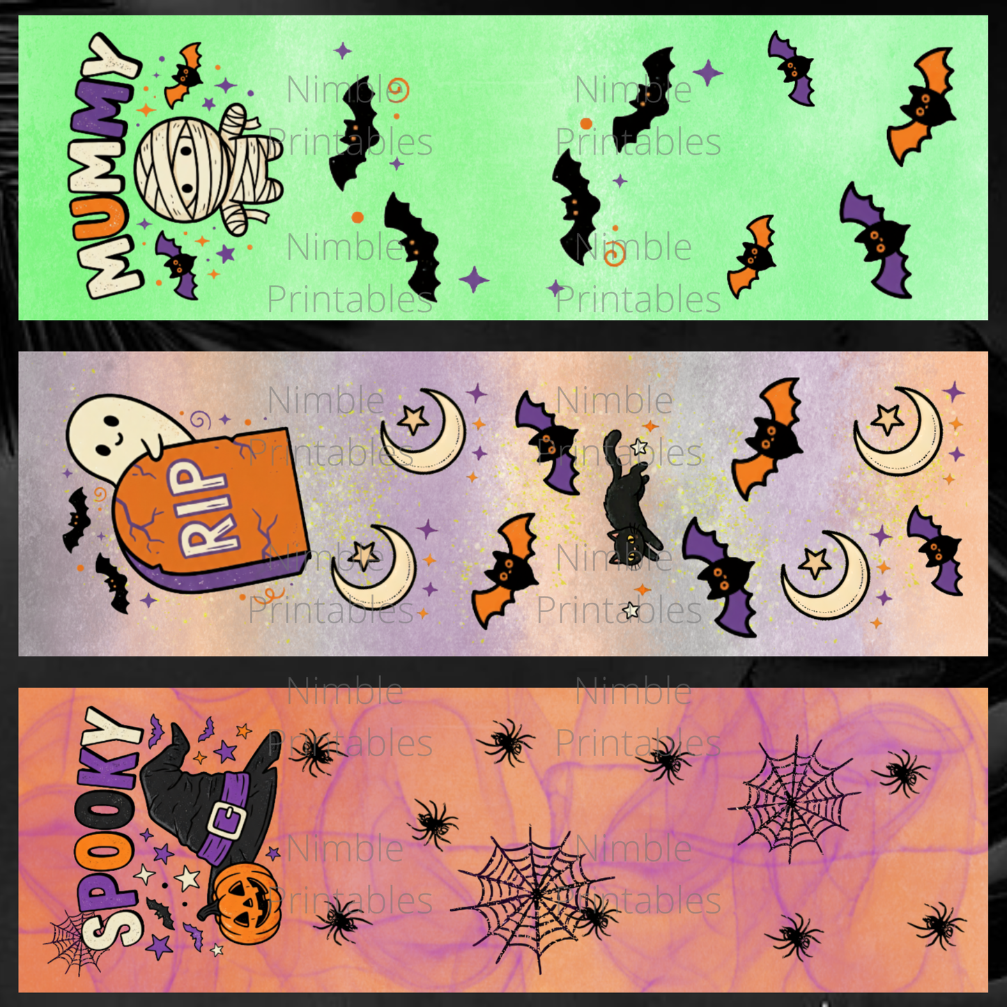 Halloween themed designs with Mummy, Ghost ripping out of RIP tombstone, and witch hat with pumpkin.