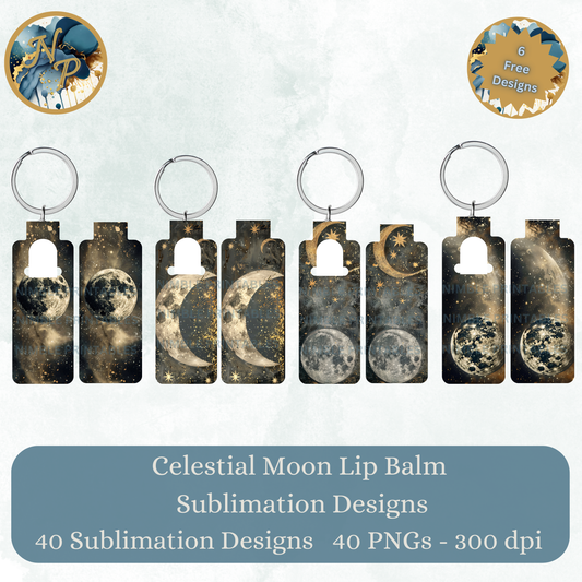 Celestial Moon Phase Lip Balm Holder Keychains, Galaxy Space Design, Stars Night Sky, Unique Astral Gifts, Set of 6 Keychain Tags
