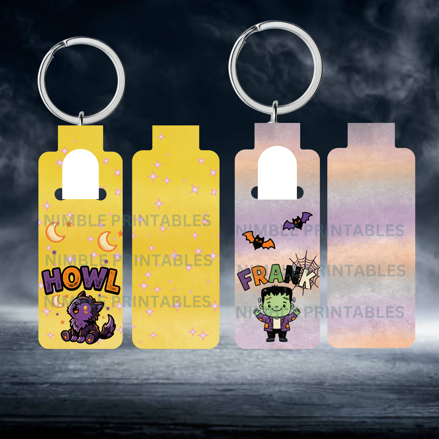 Halloween-themed keychains featuring a wolf saying "HOWL" and a Frankenstein character.