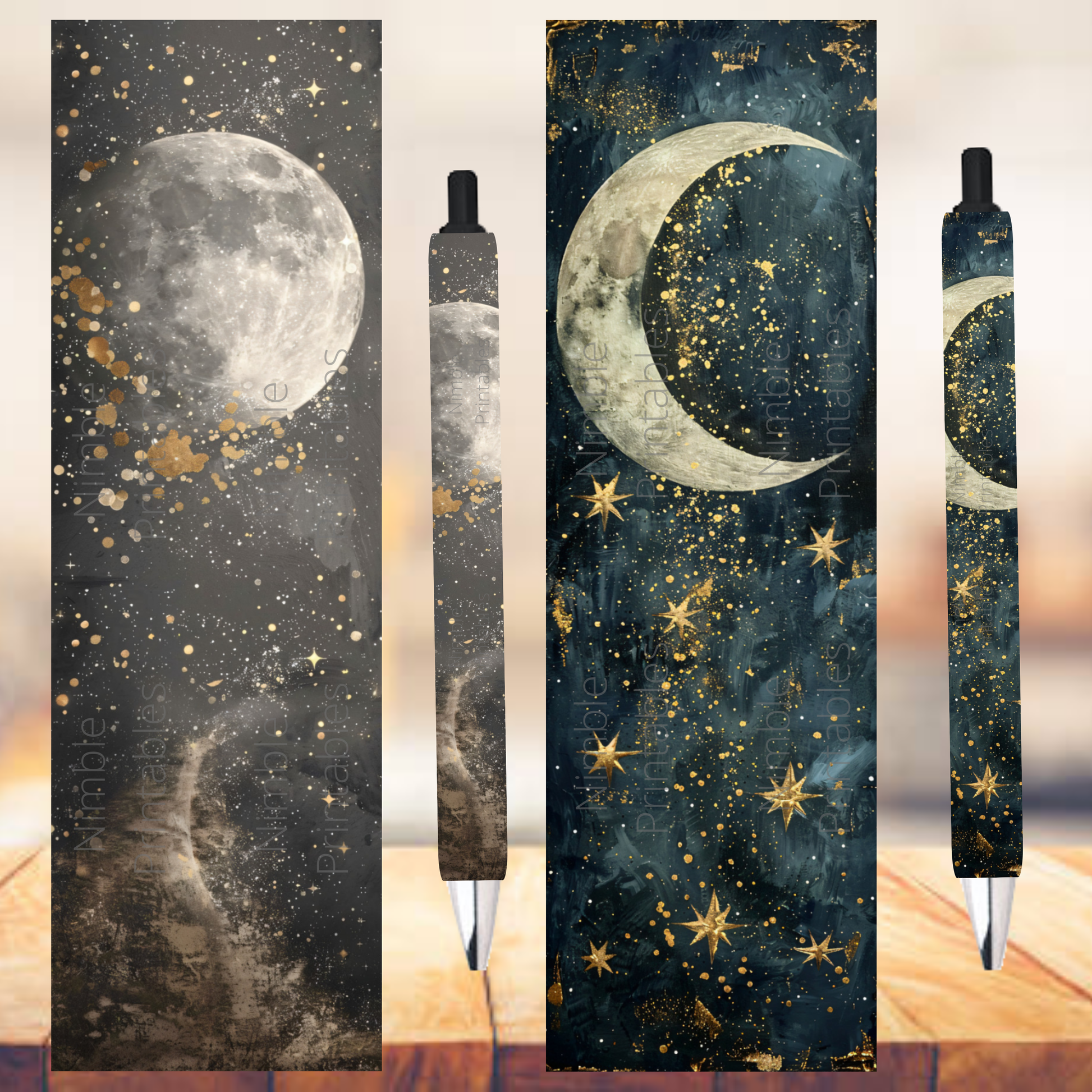 Celestial Moon and Stars Bookmark Set, Cosmic Night Sky Design, Gold Accents, Unique Gift for Book Lovers, Astronomical Theme Stationery