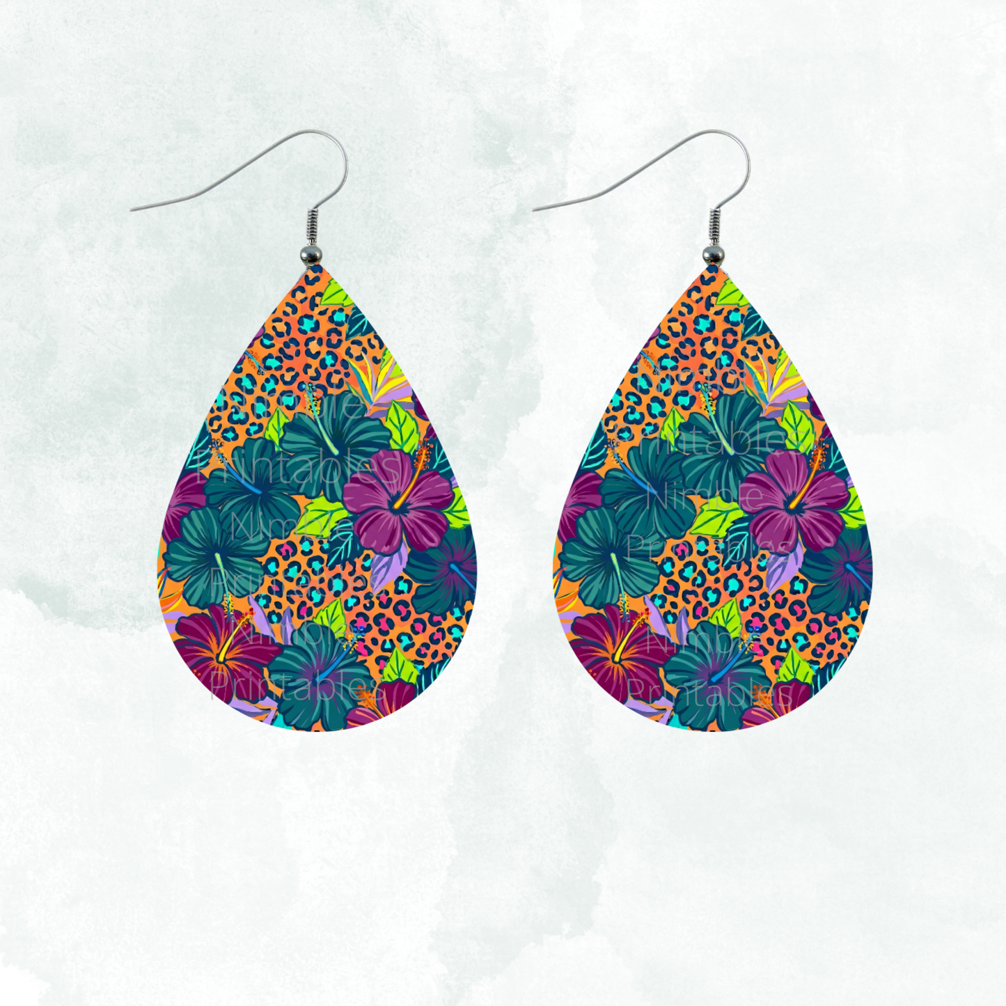 Teardrop earrings with hibiscus flowers and leopard print.
