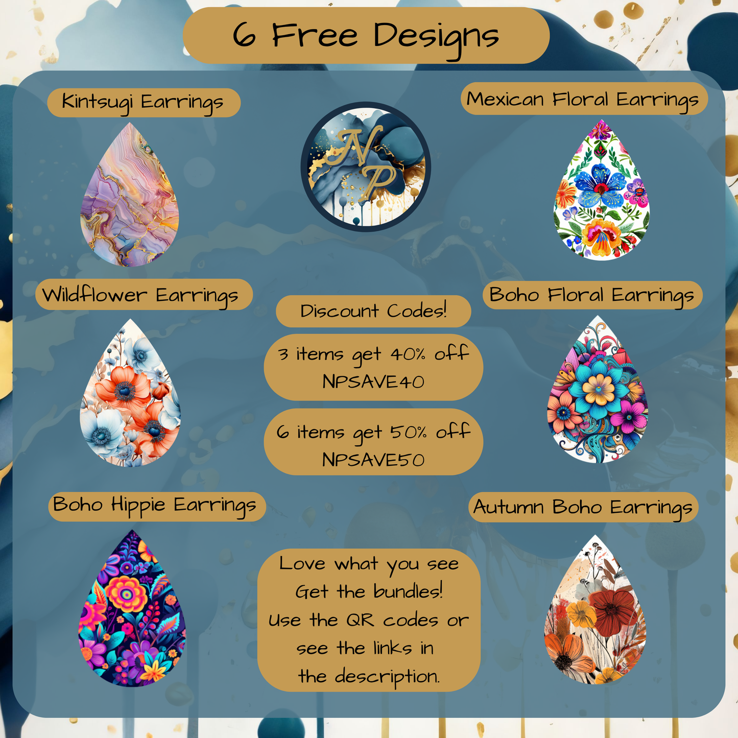 Six free earring designs: Kintsugi, Wildflower, Boho Hippie, Mexican Floral, Boho Floral, and Autumn Boho.