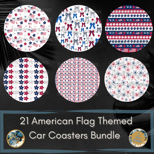 American flag themed car coasters bundle with 21 designs.