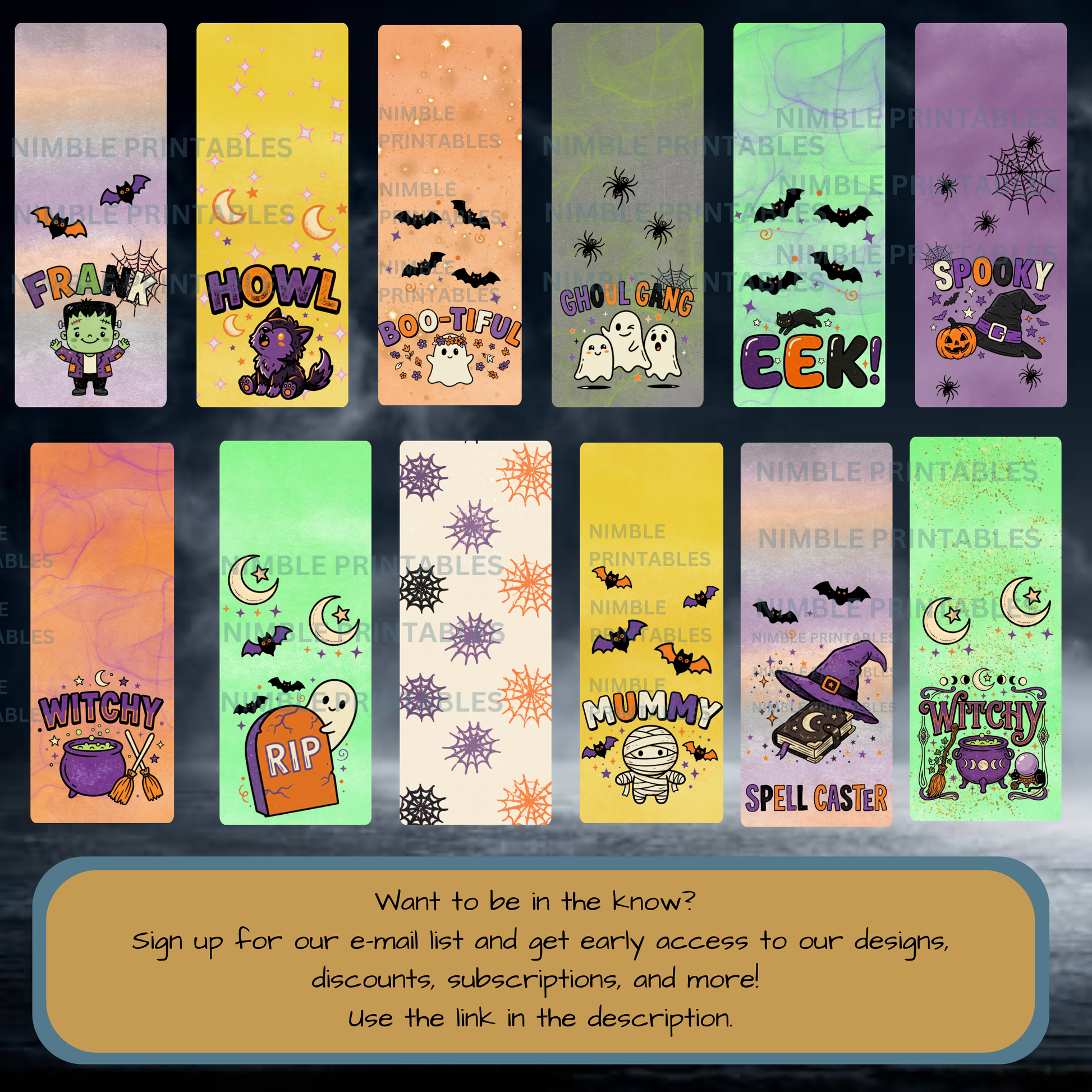 Halloween-themed digital prints featuring Frankenstein, werewolf, ghosts, mummy, witch, and spell jar designs.