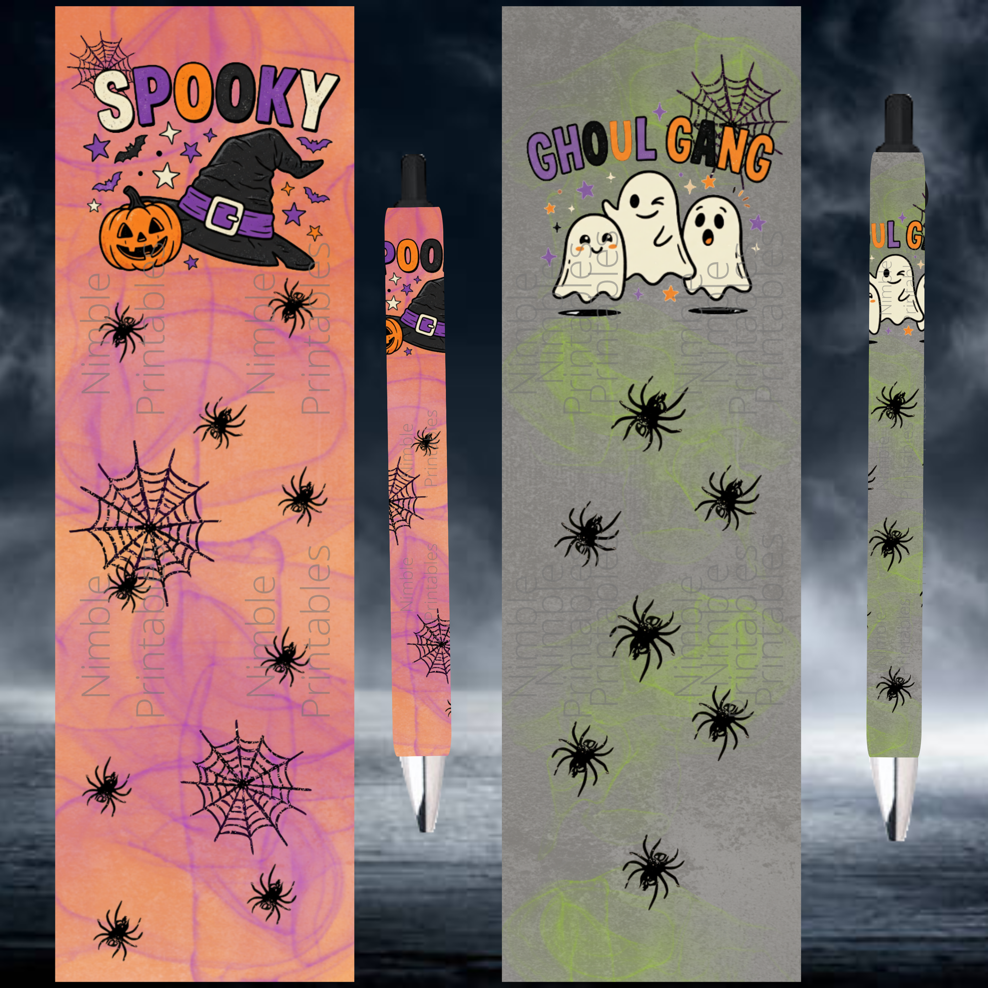 Halloween themed pens with "Spooky" and "Ghoul Gang" designs, featuring ghosts, spiders, and pumpkins.