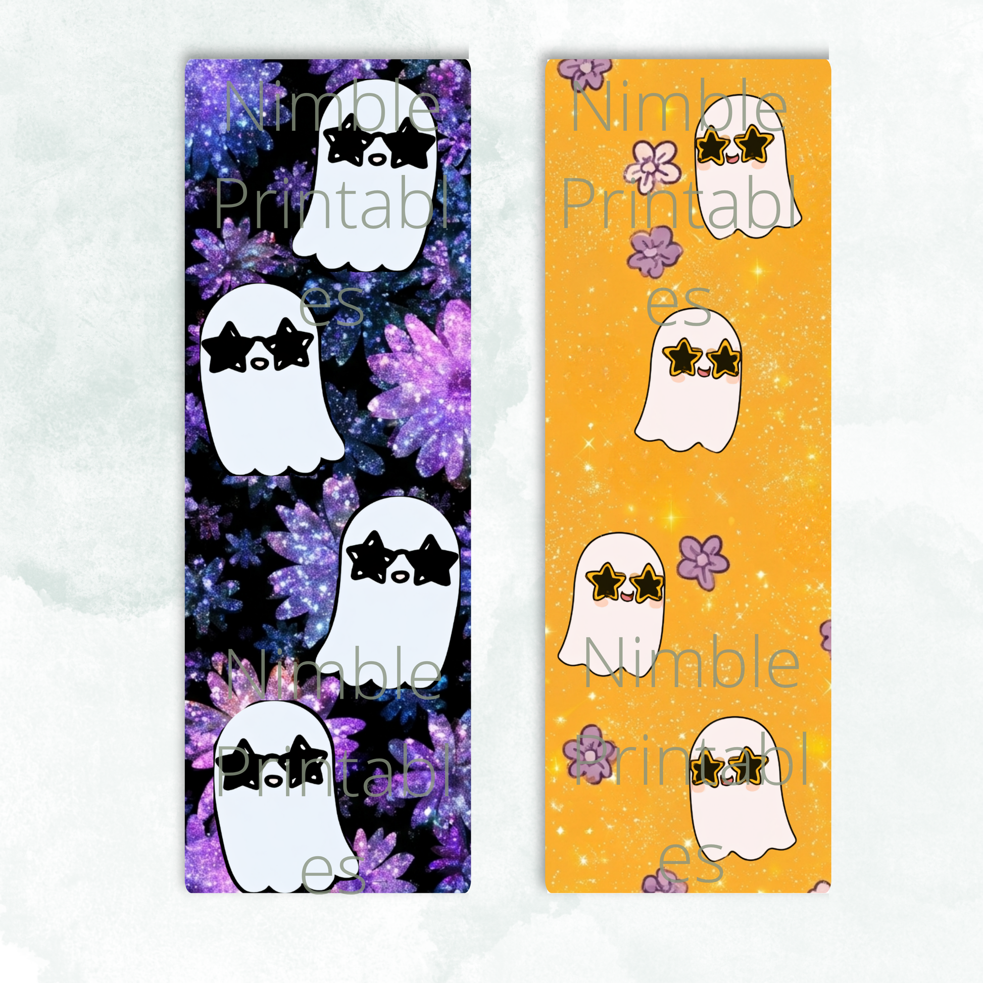 Cute ghosts with star sunglasses on purple floral and orange glitter backgrounds.