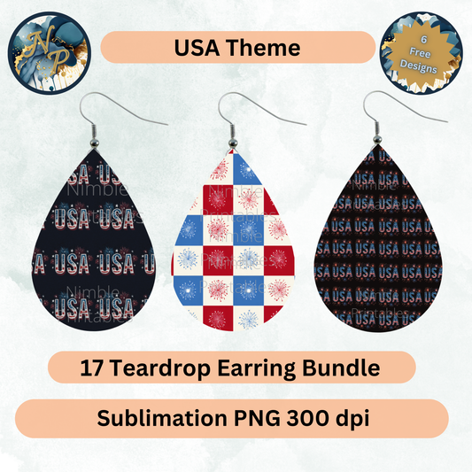 17 teardrop earring bundle with USA theme sublimation designs.