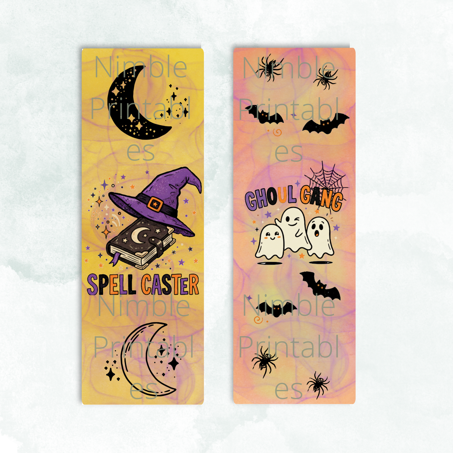 Halloween bookmarks: a witch's hat and book, and ghosts with text.