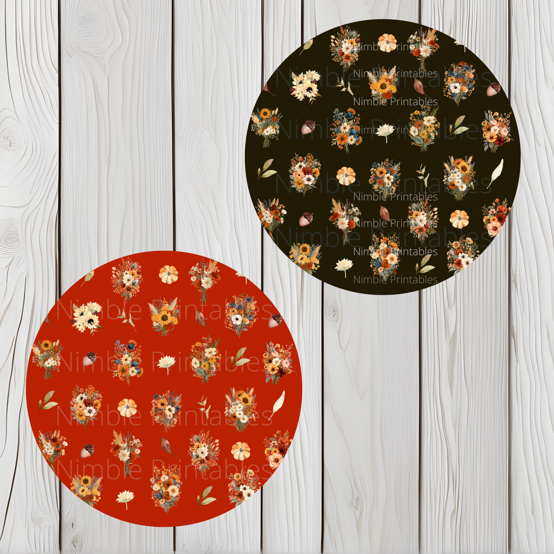 Two circular designs featuring autumn floral bouquets and pumpkins on wood grain background.