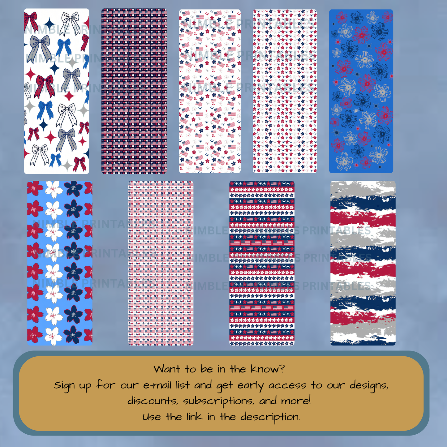 Red, white, and blue patriotic patterns and designs.