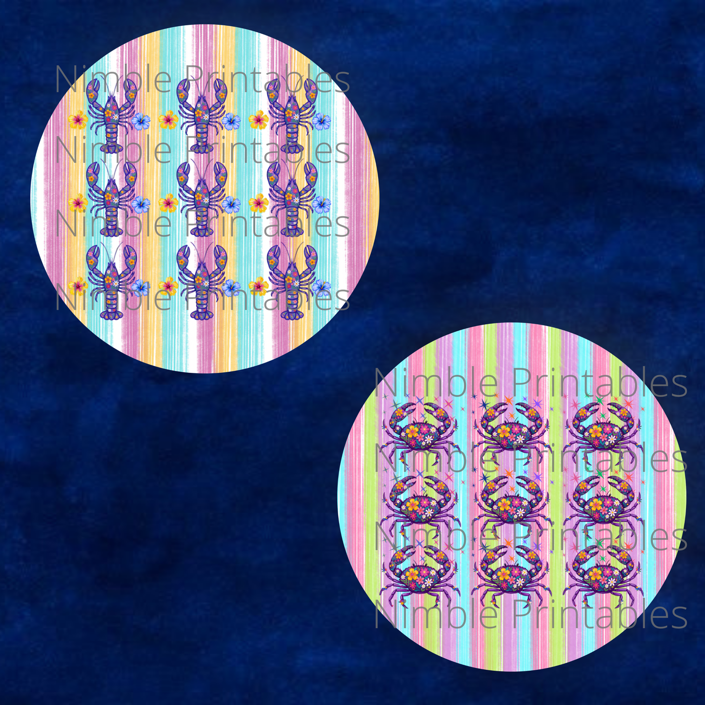 Two circular designs, one with lobsters, the other with crabs, against a striped background.