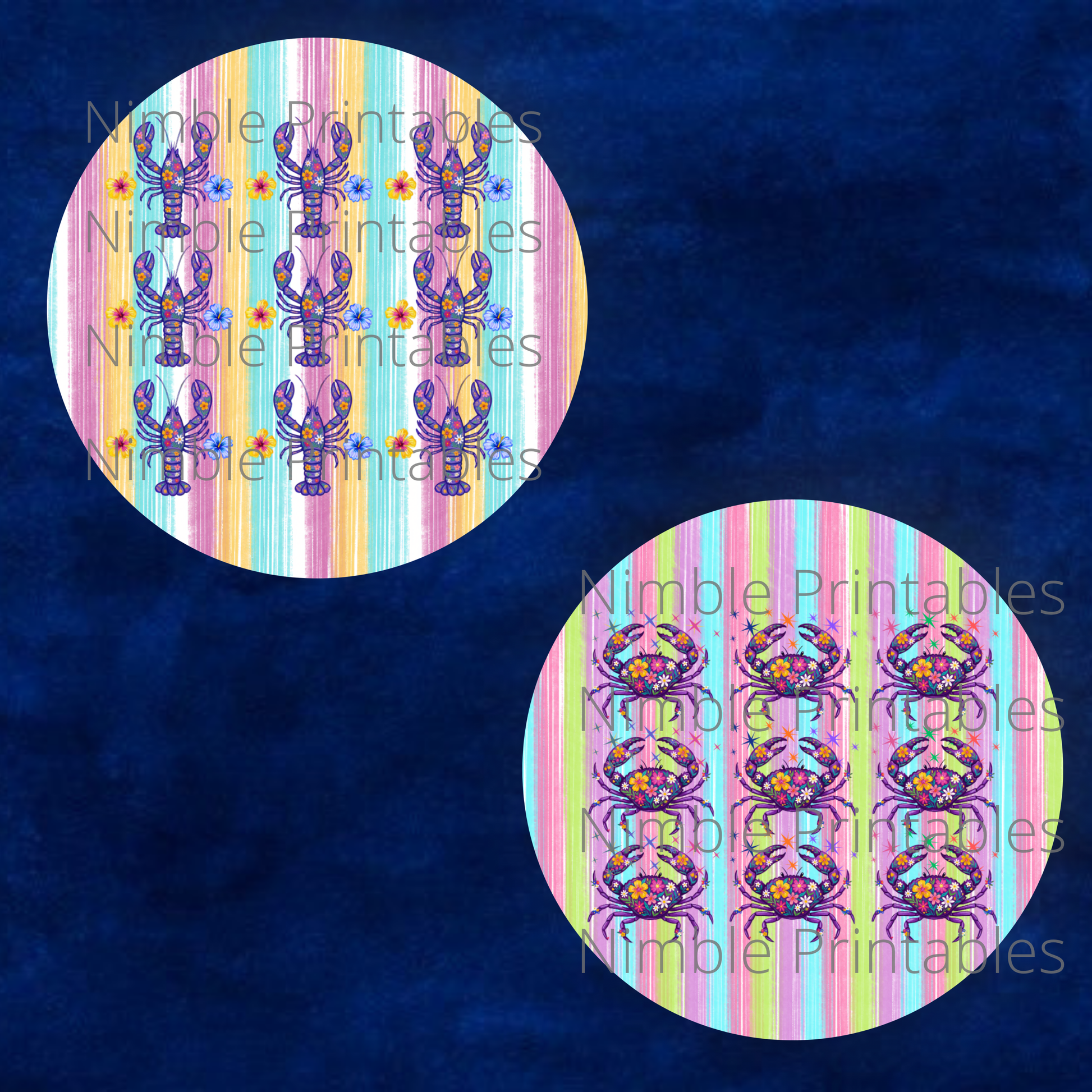Two circular designs, one with lobsters, the other with crabs, against a striped background.