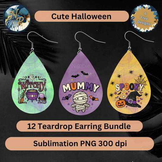 Cute Halloween teardrop earrings bundle: Witchy, Mummy, and Spooky designs.