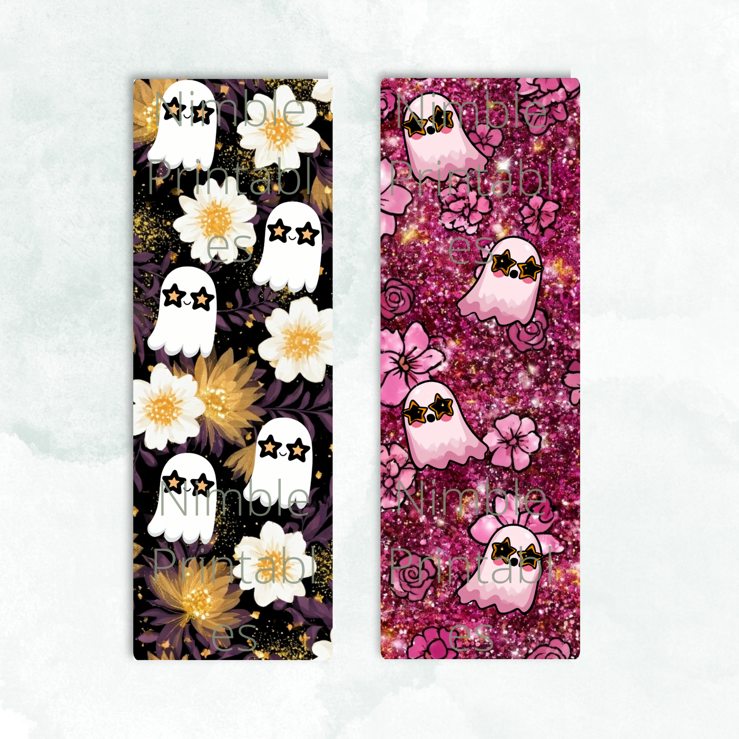 Two vertical designs featuring cute ghosts with star-shaped sunglasses and floral backgrounds.