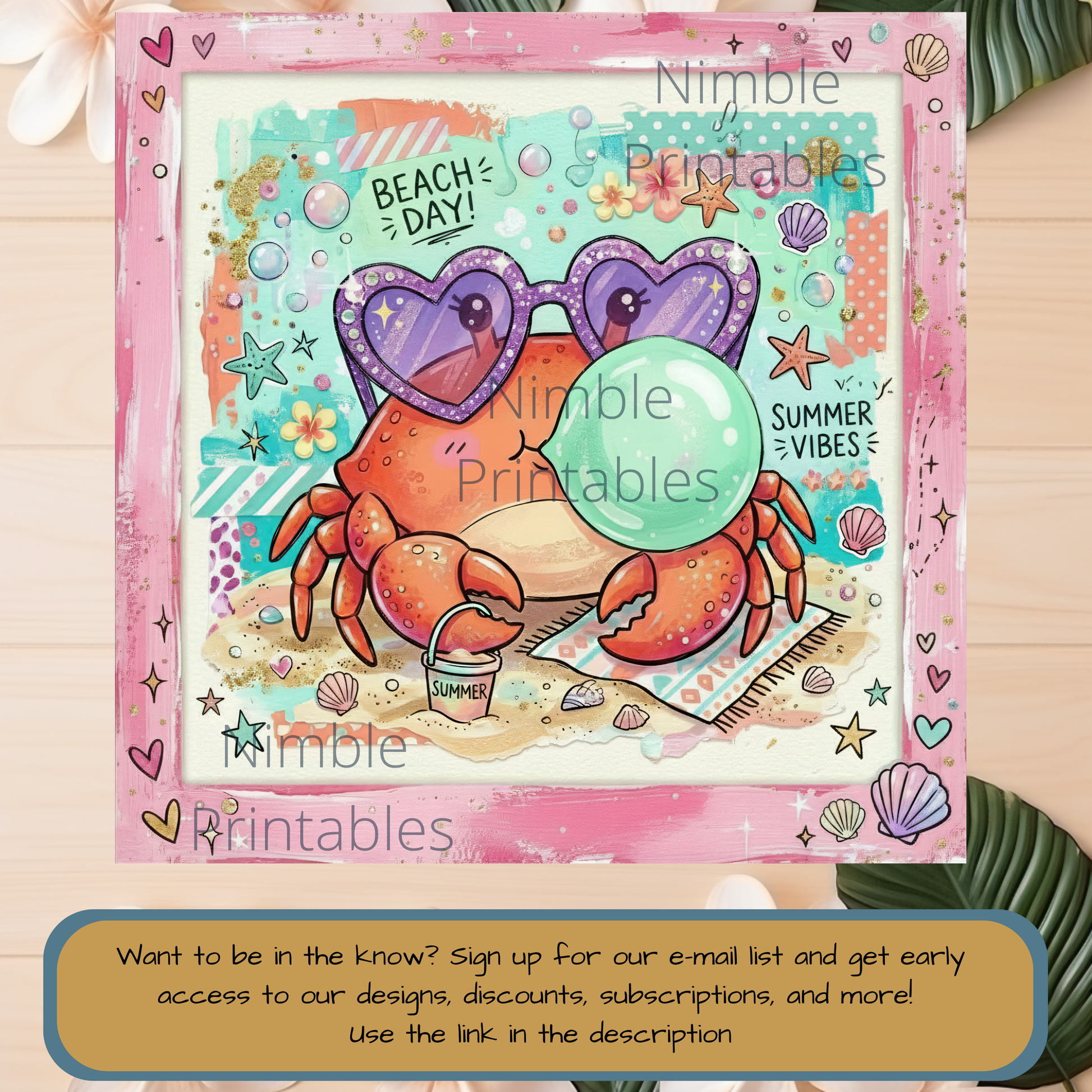 Cartoon crab wearing sunglasses blowing a bubble on a beach.