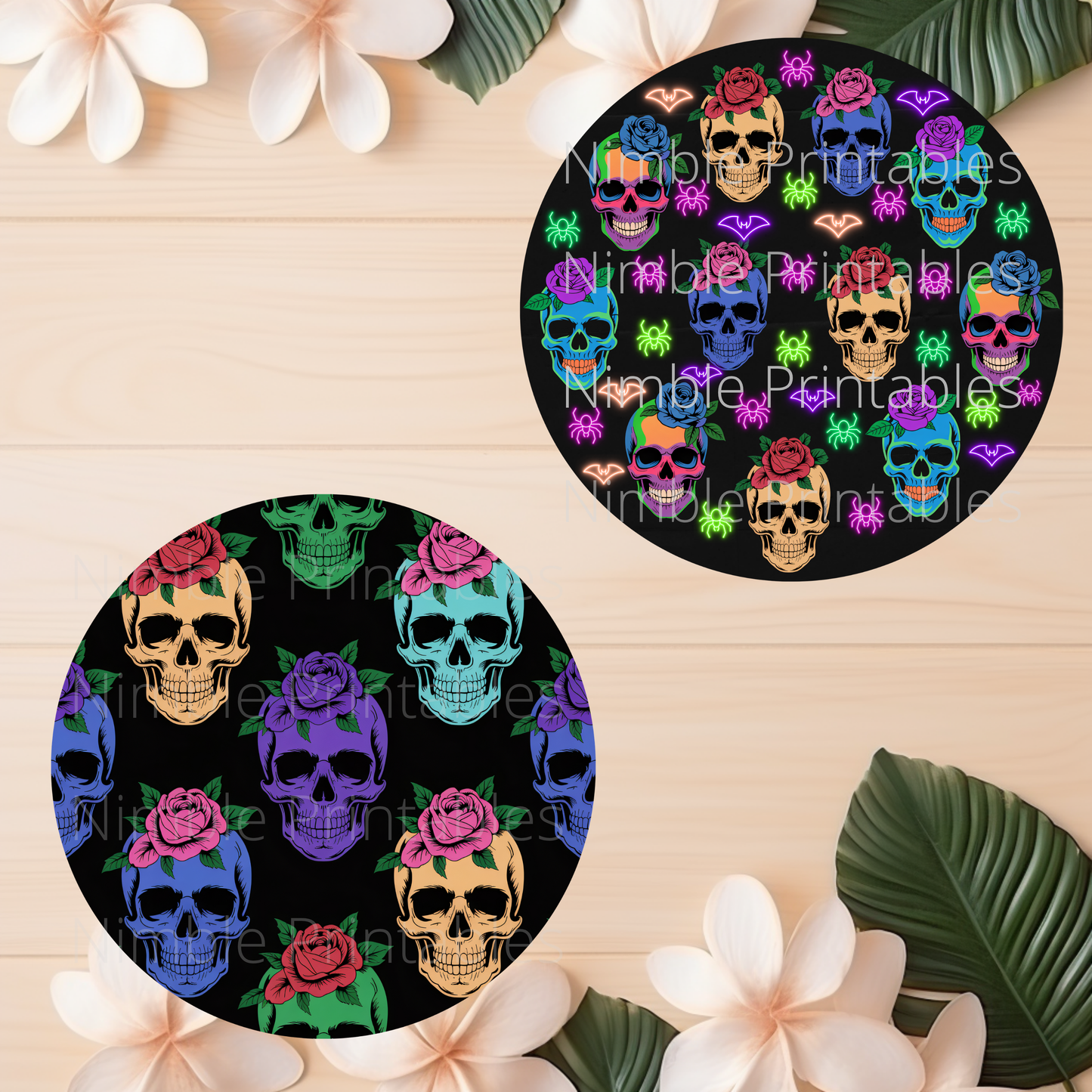 Neon-colored skulls with roses and surrounded by bats and spiders.