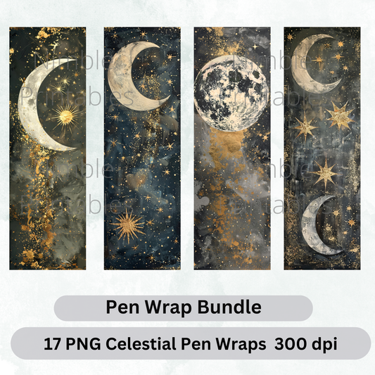 Celestial Moon and Stars Pen Wrap Bundle, 17 PNG Digital Downloads, High Resolution 300 dpi, Glitter Starry Night Design