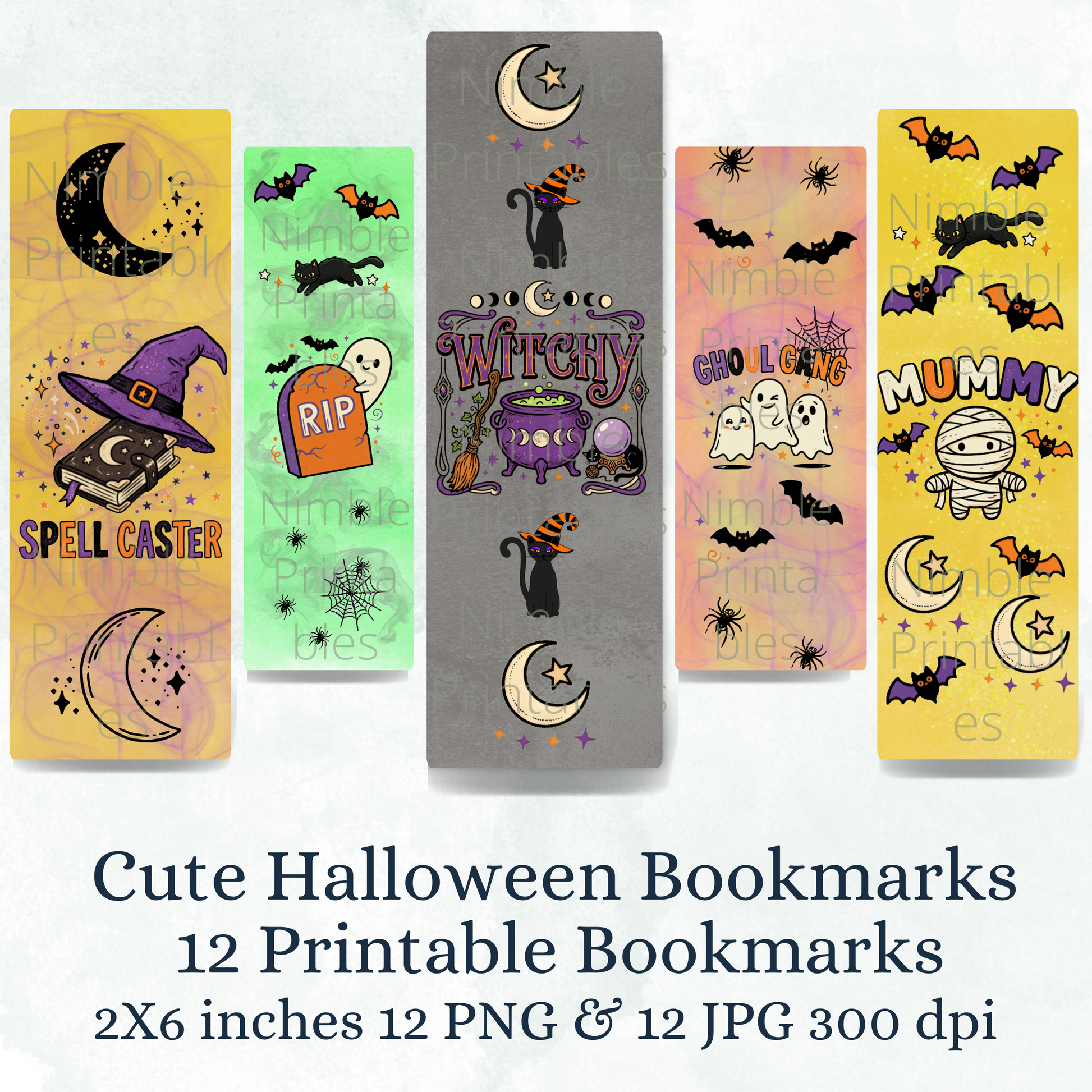 Halloween bookmarks featuring a cauldron, moon, bats, ghosts, mummy, and spell book.